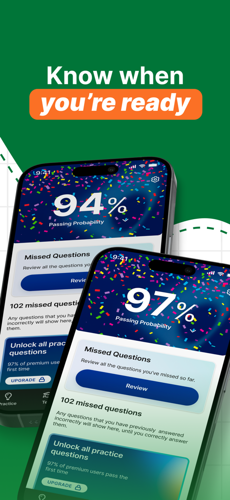 Driving Test Routes Ireland - Two iPhones showing the Driving Test Routes Ireland app interface with passing probability and missed questions review.