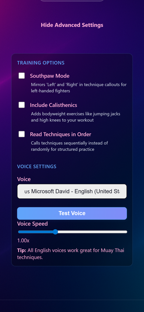 Shot Caller Nak Muay - Pantalla de la aplicación Shot Caller Nak Muay que muestra opciones de entrenamiento avanzadas como el modo zurdo y la configuración de voz