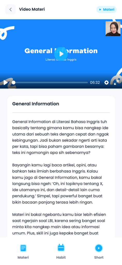 Mobile screen showing a video lesson and study material for English Literacy in the Zypia app