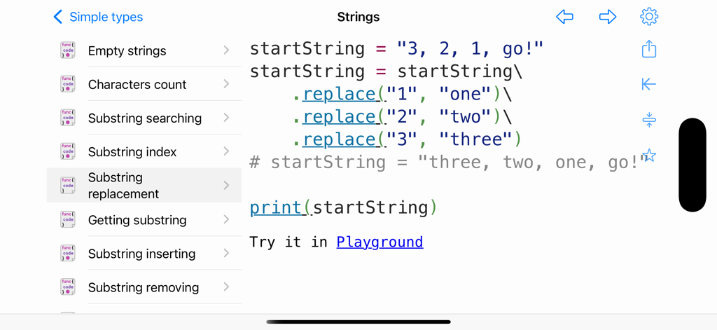 Captura de pantalla de la aplicación Python y SQL Pro que muestra una receta de código para el reemplazo de subcadenas en la categoría de cadenas.