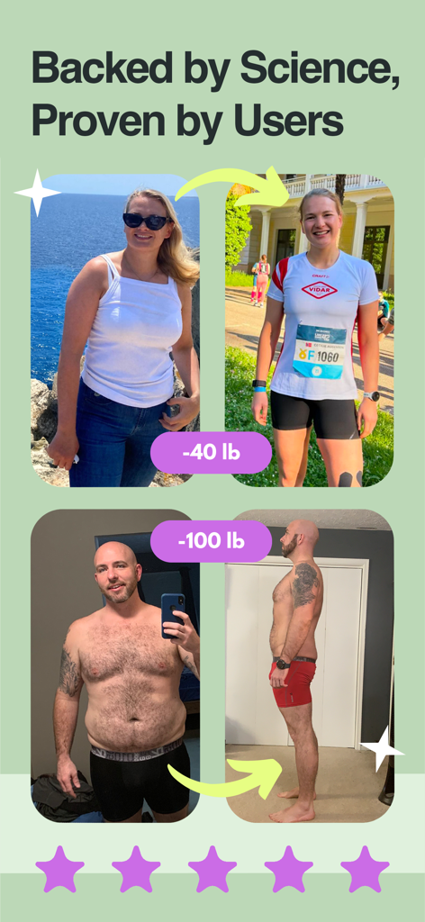 StrongrFastr Diet+Fitness AI - Before and after weight loss transformation photos of a woman and a man with five star user ratings