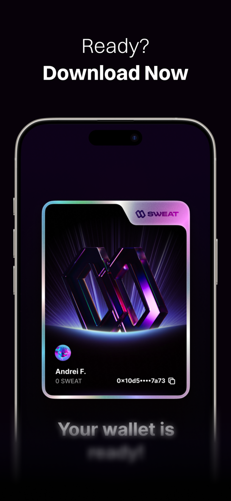 Sweat Wallet app download screen showing a digital crypto wallet interface with a users profile and balance