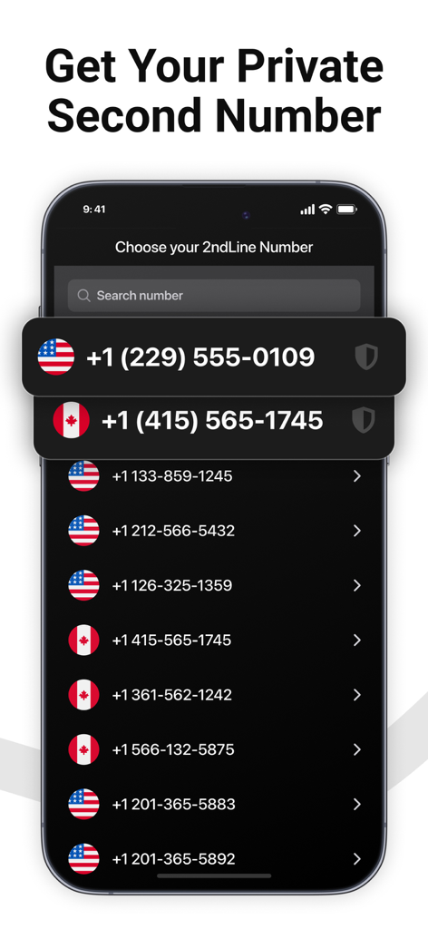 Interfaz de la aplicación TalkSafe que muestra una lista de números de teléfono secundarios privados disponibles para EE. UU. y Canadá