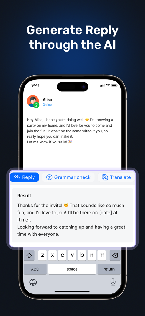 SwiftPress AI Writing Keyboard - AI keyboard generating a message reply on a smartphone