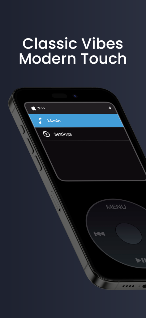 RetroPod - iPhone displaying the RetroPod app with a classic iPod interface and virtual click wheel
