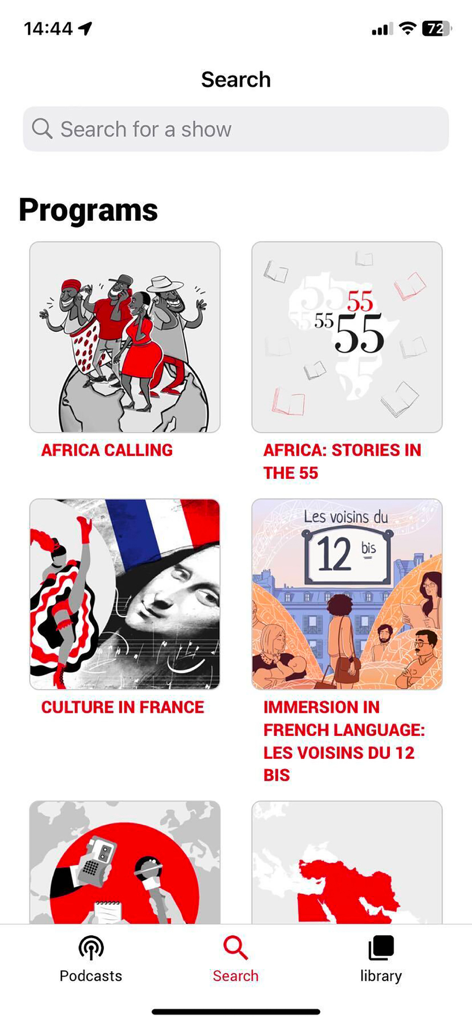 Search screen of the RFI Pure radio app showing international and cultural programs