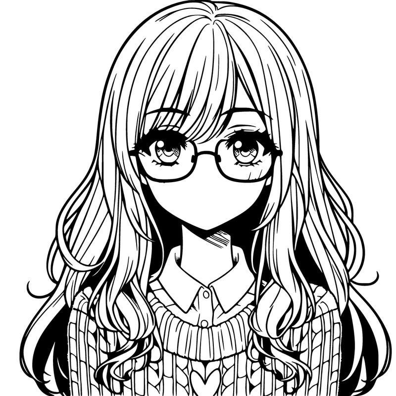 manga character girl with medium lips long hair and glasses