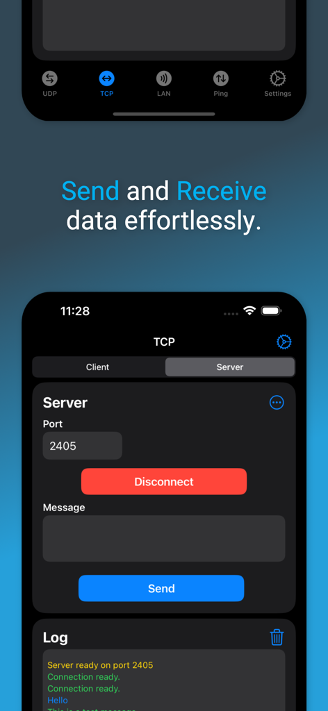 Interfaz de la aplicación UDP TCP Network Utility que muestra la configuración del servidor TCP y los registros de mensajes
