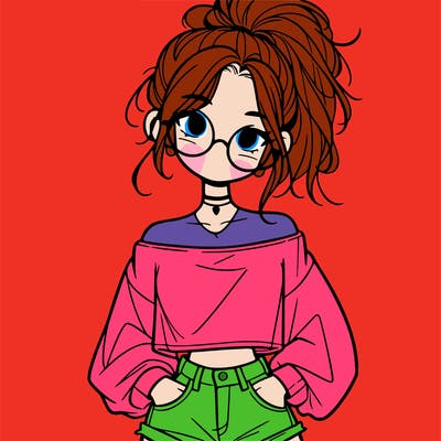 girl with a messy ponytail glasses a baggy crop top and jean shorts