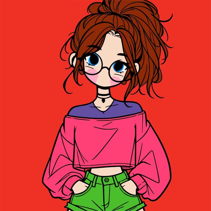 girl with a messy ponytail glasses a baggy crop top and jean shorts