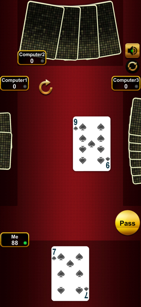 Pantalla de juego del juego de cartas Crazy Eights con cartas digitales y oponentes de IA sobre un fondo rojo.