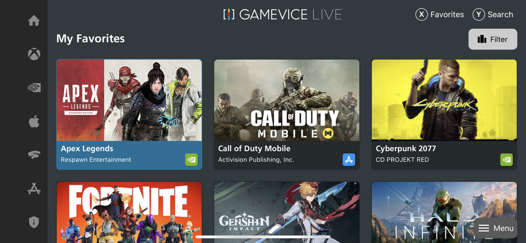 La interfaz de la aplicación Gamevice Live mostrando un panel de juegos favoritos compatibles con mando como Apex Legends y Call of Duty Mobile.