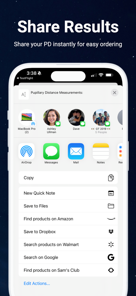 Pupillary Distance - iPhone-Screenshot der Pupillendistanz-App-Ergebnisanzeige mit iOS-Freigabeoptionen wie Nachrichten und Mail für einfache Brillenbestellung