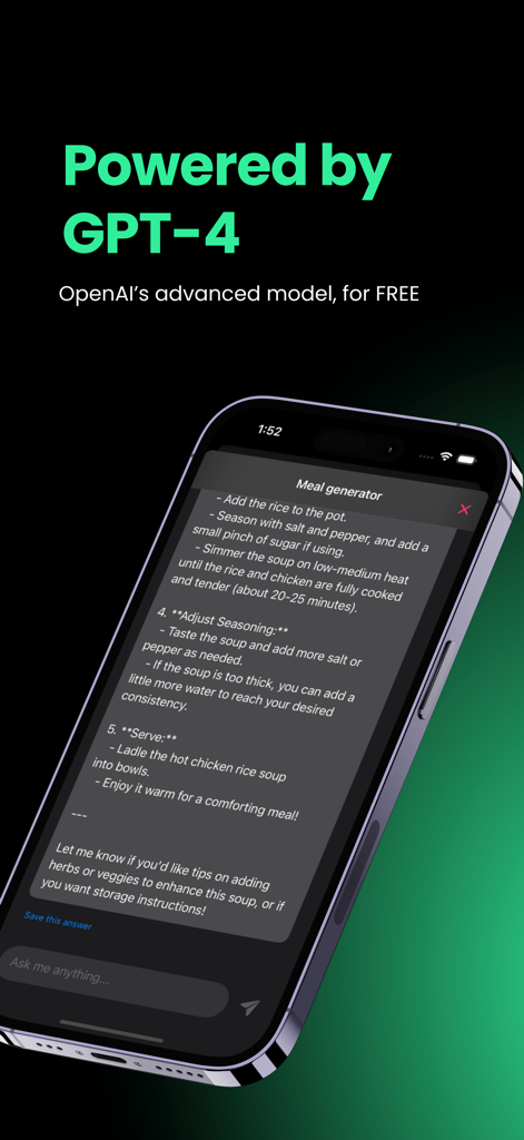 ChefBot - AI-powered recipes - ChefBot mobile app interface displaying a meal generator powered by GPT-4 showing a chicken rice soup recipe