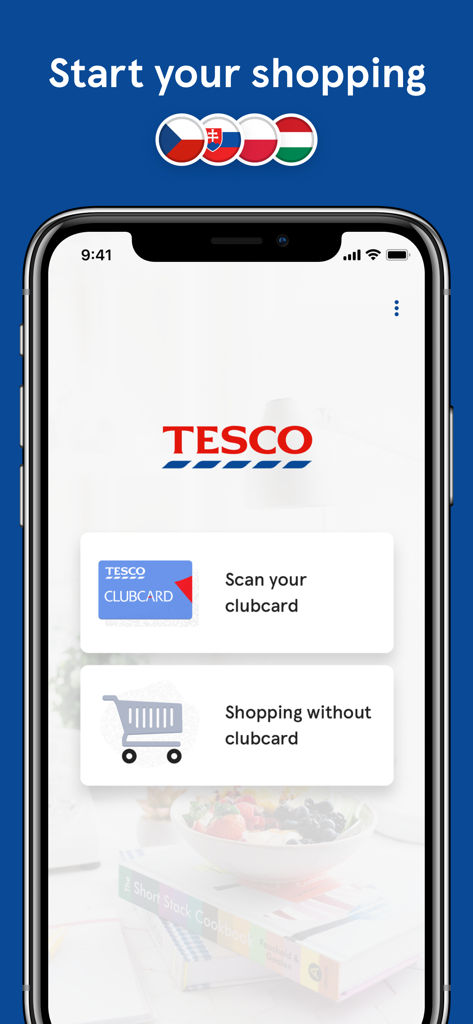 Scan&Shop mobile - Tesco Scan and Shop mobile app welcome screen with options to scan a Clubcard or start shopping without one
