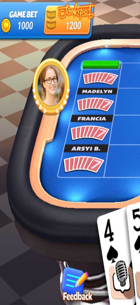A close up of the Rummy Plus multiplayer card game table showing player names and game bet amounts.