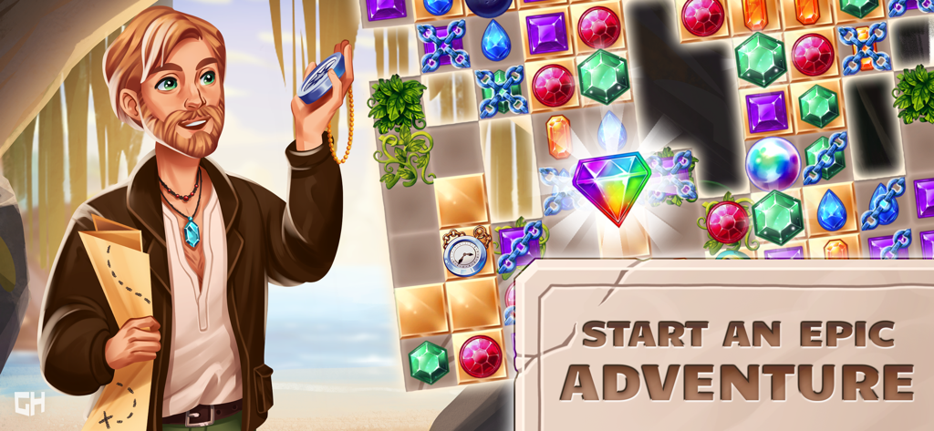 Jewel Quest - Match3 Adventure - An adventurer holding a treasure map and compass next to a match-3 gem puzzle board