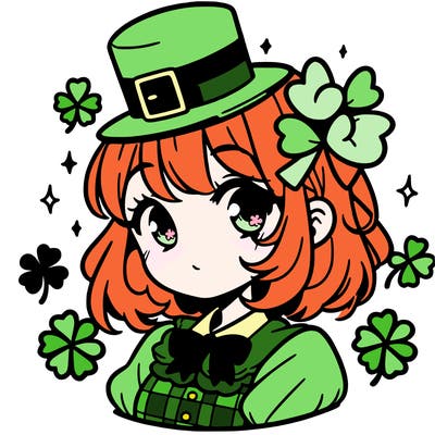 a manga-style girl with clovers around her, a little hat in her hair, like it's saint patrick's day