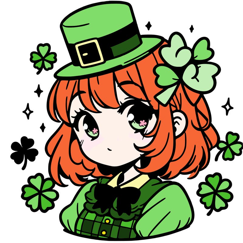 a manga-style girl with clovers around her, a little hat in her hair, like it's saint patrick's day