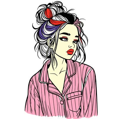 realistic woman with pajamas on and a messy bun