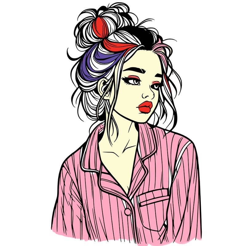 realistic woman with pajamas on and a messy bun