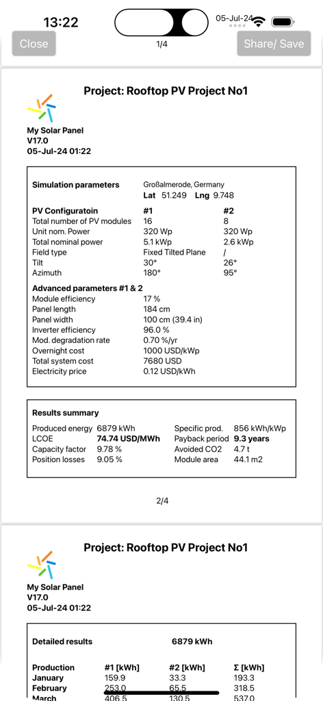 Resumen de informe profesional en PDF de la aplicación My Solar Panel que muestra configuraciones del sistema fotovoltaico y resultados de análisis financiero