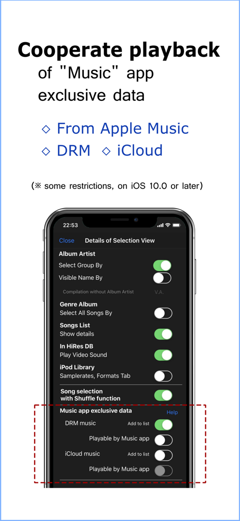 KaiserTone Audio Player +HiRes - Screenshot of KaiserTone app showing settings for Apple Music and iCloud integration