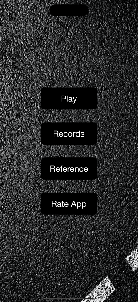 아스팔트 배경 위에 플레이 및 기록 버튼이 있는 Car Brand Quiz 앱의 메인 메뉴