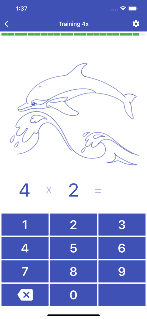 Multiplication Table. Trainer - A child friendly math interface displaying a multiplication question and a dolphin sketch