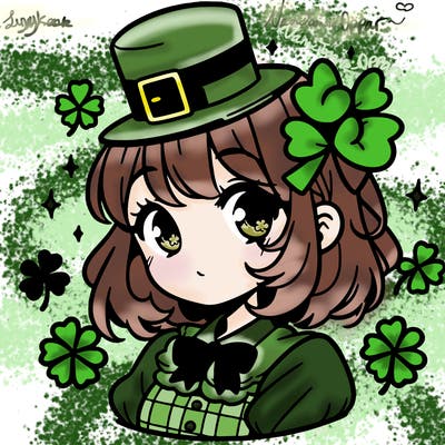 a manga-style girl with clovers around her, a little hat in her hair, like it's saint patrick's day