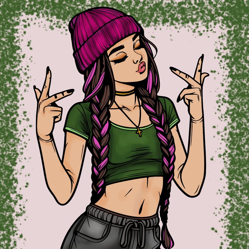 realistic teenage girl with braids and a beanie and crop top doing 🫶🏼