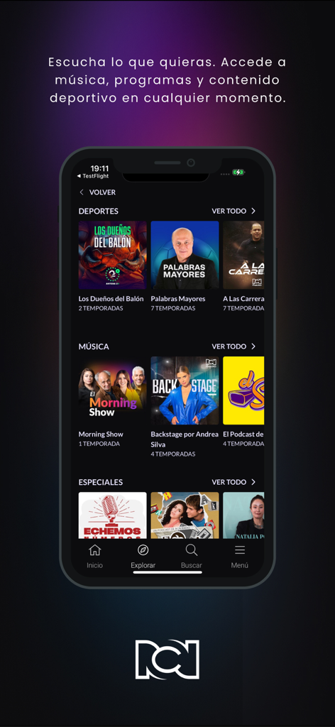 RCN Radio - Interfaz de la aplicación RCN Radio mostrando categorías de deportes colombianos, música y podcasts