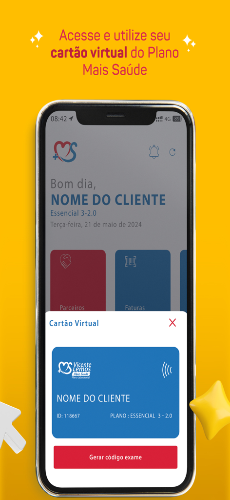 Vicente Lemos - A smartphone displaying the Vicente Lemos app virtual health card for the Mais Saude plan.