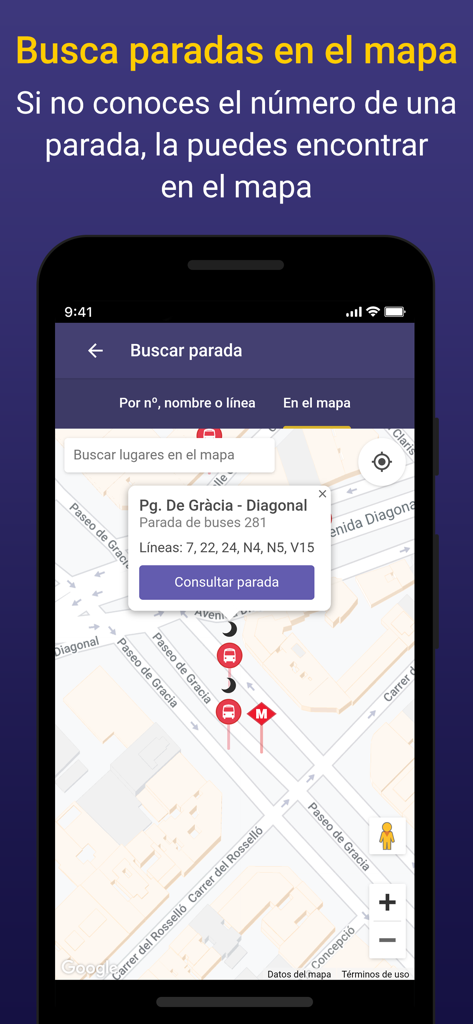 Barcelona Bus Metro Transporte - Interfaccia di una mappa nell'app di trasporto di Barcellona che mostra fermate di autobus e metro vicino a Passeig de Gracia.