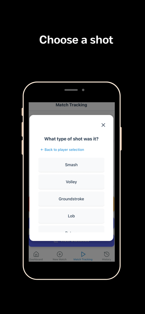 Padel Stats Proモバイルインターフェースで、スマッシュやボレーなどの試合ショットタイプを選択