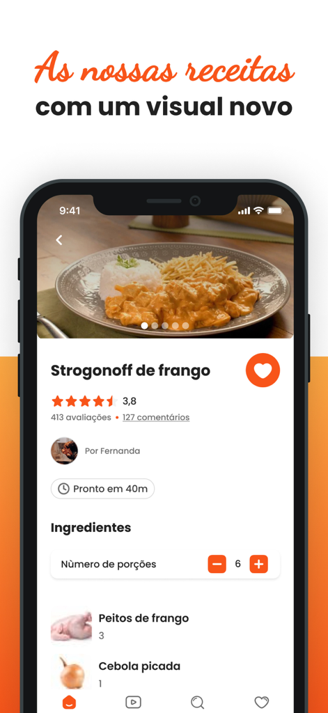 TudoGostoso app interface showing a chicken stroganoff recipe with prep time and ingredients