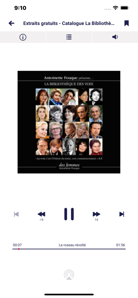 Baobab App audiobook player interface showing playback controls and a book cover