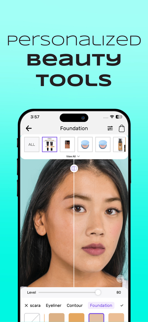 Watsons 베트남 앱 가상 메이크업 도구가 분할 화면 파운데이션 비교를 보여줍니다.