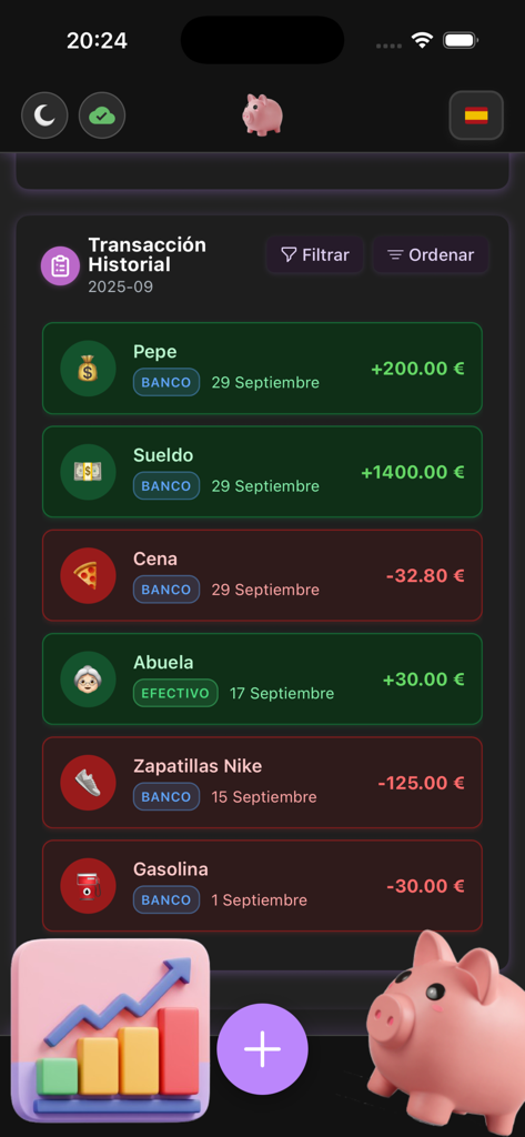 Una captura de pantalla móvil de la aplicación Hero Budget que muestra un historial detallado de transacciones con entradas de ingresos y gastos codificadas por colores en una interfaz oscura