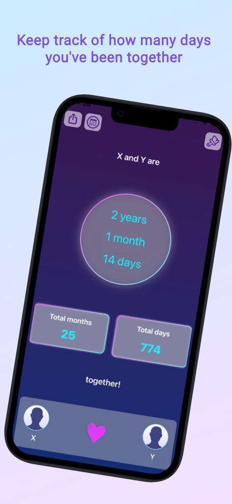 Been in Love - days counter - Been in Love app interface displaying relationship duration in years months and days