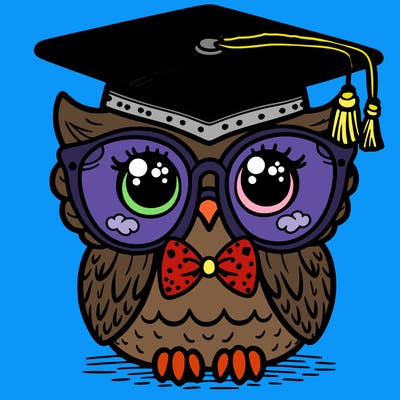 whimsical cartoon style owl wearing glasses and a graduation cap