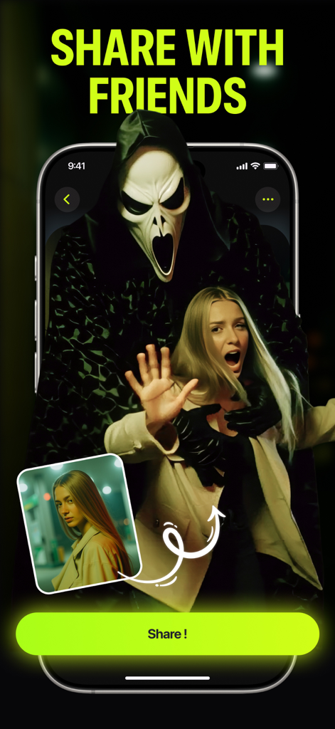 Lumiere - AI Video Generator - Lumiere app screen showing a horror themed AI video effect with a share button
