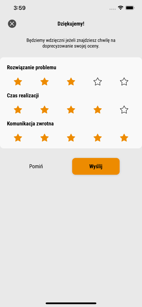 Warszawa 19115 - 도시 문제 해결 및 도시 통신 평가를 위한 바르샤바 19115 앱의 별점 피드백 화면