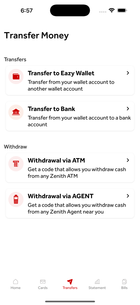 EazybyZenith - Screen showing money transfer and withdrawal options in the EazybyZenith mobile app