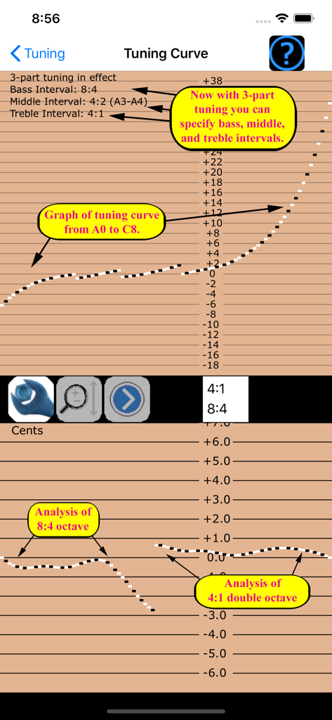 TuneLab Piano Tuner - Professional piano tuning curve graph and interval settings in TuneLab app