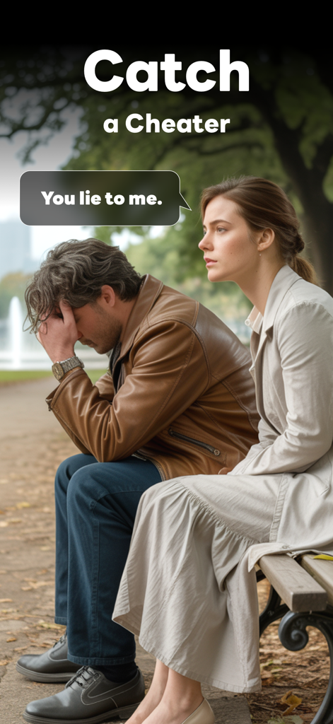 Buster AI - A distressed couple on a park bench with the text Catch a Cheater and a speech bubble saying You lie to me.