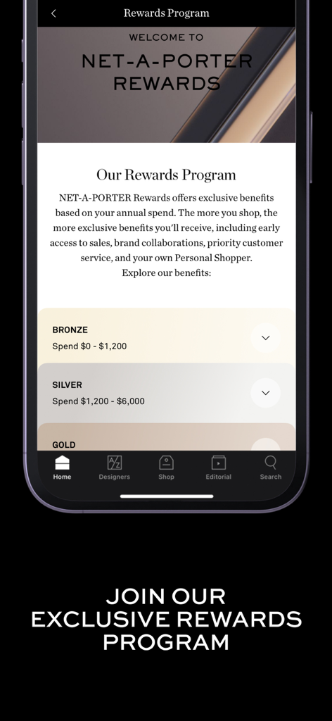 NET A PORTER rewards program screen showing membership tiers and exclusive benefits