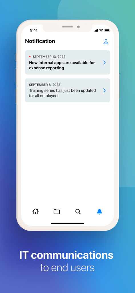 Tela de notificações do Jamf Self Service exibindo comunicações de TI e atualizações de aplicativos internos para funcionários