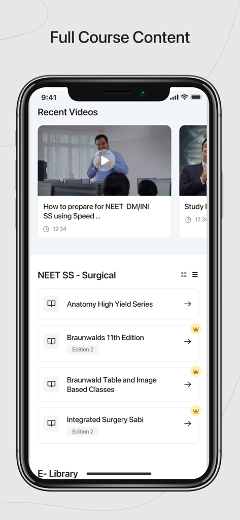 Speed Learning - Speed Learning mobile app interface displaying NEET SS surgical course modules and video lessons.