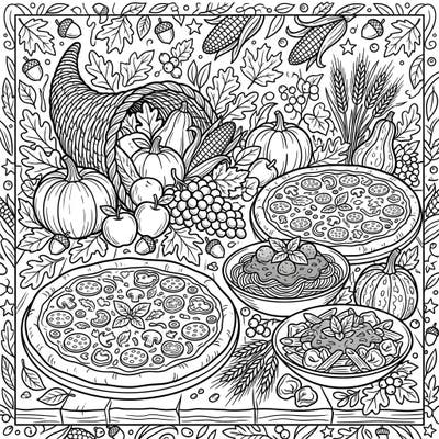 Indulge in a unique Thanksgiving celebration with this delightful coloring page featuring a generous spread of pizzas and pasta. Surrounded by a festive harvest bounty, it's the perfect blend of holiday tradition and culinary joy to color.